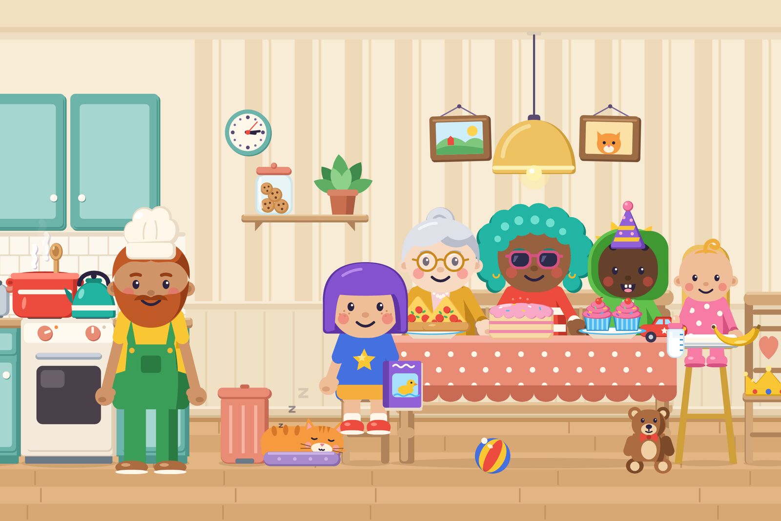 The kitchen in the game: a man in a chef’s hat stands by the stove, and a girl with purple hair, a grey-haired woman in glasses, a woman in pink sunglasses, a child in a party hat and a baby in a high chair are at a table with cake and cupcakes. A ginger cat sleeps in its basket.
