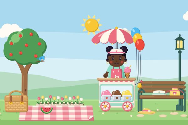 The picnic spot in the game: an apple tree, a basket on a checked blanket by a bed of tulips, and a woman holding out an ice cream from a cart under a striped umbrella with balloons.