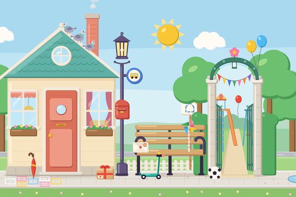 The street in the game: a house with pigeons on its roof, a lamp post with a red letter box, a bench with a scooter beside it, and the park gate hung with bunting and balloons.